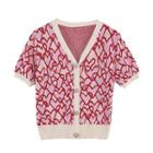 Short-sleeve V-neck Heart Pattern Cardigan Pink - One Size