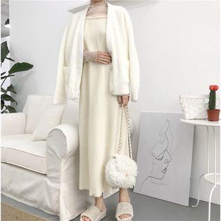 Long-sleeve Mock Neck Mesh Top / Spaghetti Strap Midi Knit Dress