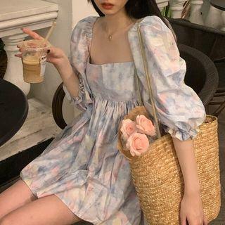 Elbow-sleeve Tie Dye A-line Dress White - One Size