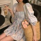 Elbow-sleeve Tie Dye A-line Dress White - One Size