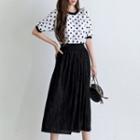 Dotted-panel Pleated Long Dress