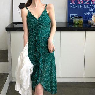 Spaghetti Strap Floral Chiffon Dress As Shown In Figure - One Size