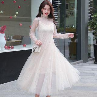 High Neck Sequined Mesh Dress