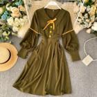Long-sleeve Half-button Midi A-line Dress