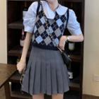 Puff-sleeve Blouse / Argyle Cropped Sweater Vest / Pleated Mini A-line Skirt