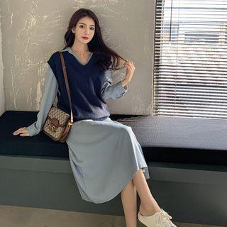 Set: Long-sleeve Plain Dress + Knit Vest