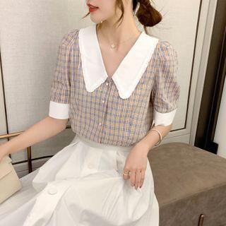 Plaid Collared Elbow-sleeve Blouse