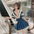 Elbow-sleeve Ruffled Lace Trim A-line Dress