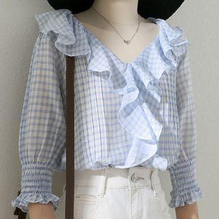 Puff-sleeve V-neck Ruffle Plaid Shirt