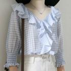 Puff-sleeve V-neck Ruffle Plaid Shirt