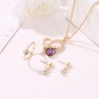 Set: Rhinestone Earring + Necklace + Ring 1 Pair - 01 - Gold - One Size