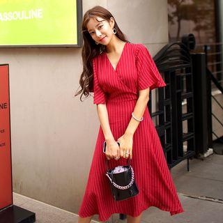 Wrap-front Flutter-sleeve Stripe Dress