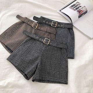 Color-block Plaid High-waist A-line Shorts With Belt