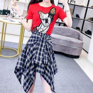 Set: Dog Applique Short-sleeve T-shirt + Plaid Asymmetric A-line Skirt