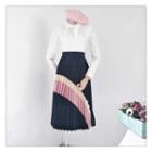 Faux-suede Color-block Pleated Skirt