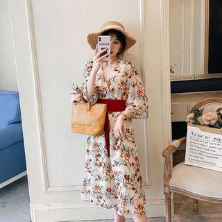 Floral 3/4-sleeve Tie-waist Midi A-line Dress