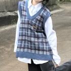 Plaid V-neck Sweater Vest / Striped Shirt