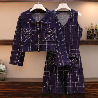 Set: Plaid Button Jacket + Sleeveless Plaid A-line Dress