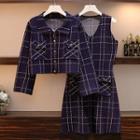 Set: Plaid Button Jacket + Sleeveless Plaid A-line Dress
