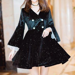 Bell-sleeve Double-breasted A-line Minidress