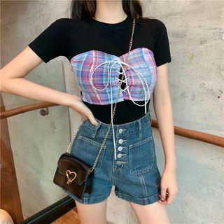 Plaid Short-sleeve Mock Two-piece T-shirt