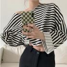 Long-sleeve Striped Cropped T-shirt Stripes - Black & White - One Size