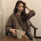 3/4-sleeve Plaid Blouse Coffee - One Size