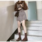 Long-sleeve Plain Blouse / Sleeveless Plaid Midi Dress