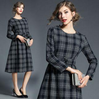 Round Neck Plaid A-line Dress