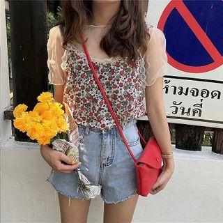 Set:floral Strap Top + Mesh Short-sleeve Top