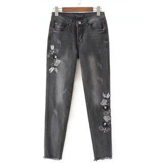 Floral Embroidered Straight Denim Fit Jeans