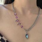 Heart Faux Crystal Pendant Stainless Steel Necklace Purple & Blue Heart - Silver - One Size