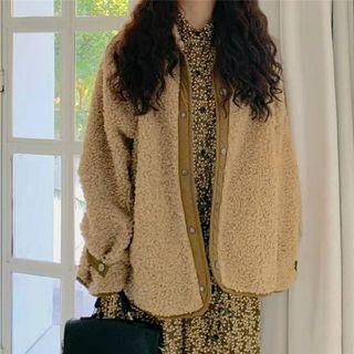 Contrast Trim Shearling Coat / Floral Printed Dress