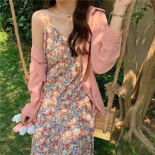 Spaghetti-strap Floral A-line Dress / Plain Shirt
