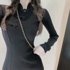 Long-sleeve Slim-fit Knit Qipao Dress Black - One Size