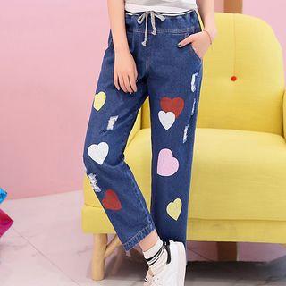 Heart Print Distressed Cropped Jeans