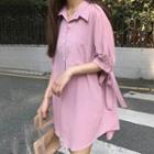Elbow-sleeve Shirt Dress Pink - One Size
