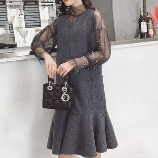 Set: Long-sleeve Beaded Top + Sleeveless Ruffle-hem Midi Dress