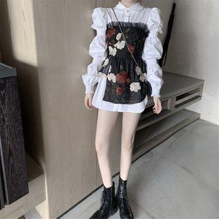 Puff-sleeve Shirt / Flower Print Strapless Top