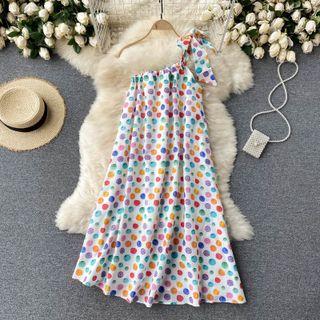 Tie-strap One-shoulder Dotted Midi Shift Dress