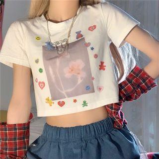 Short-sleeve Print Cropped T-shirt / Denim Shorts