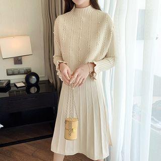 Set: Mock-neck Knit Top + Long-sleeve Dress