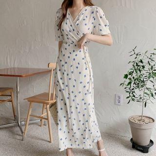 Short-sleeve Floral Print A-line Wrap Midi Dress