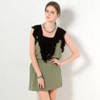 Sleeveless Frilled Deep V-neck Dress Green - One Size