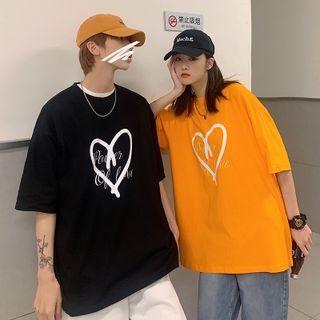Couple Matching Elbow Sleeve Heart Print T-shirt