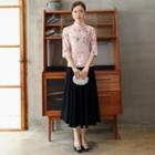 Floral Print Elbow-sleeve Qipao Top / Midi A-line Skirt / Set