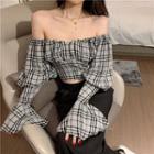 Plaid Off-shoulder Flared-sleeve Crop Top Top - Plaid - One Size
