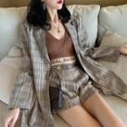 Plaid Open Front Blazer / High-waist Shorts / Lettering Cropped Camisole Top