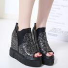 Sequined Peep Toe Platform Wedge Ankle Boots