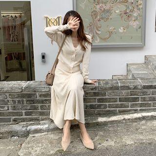 Set: V-neck Cardigan + Long Pinafore Dress Light Beige - One Size